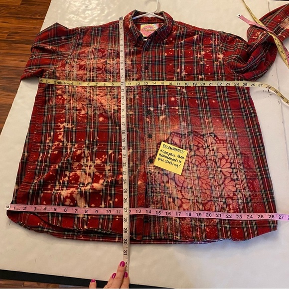 Handmade Floral Flannel Shirt Unisex Size XL XXL Bleached Plaid Button Down Red - Picture 5 of 8